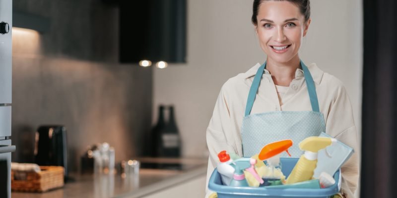Housewife. Young smiling woman with a basin with cleansing appliances